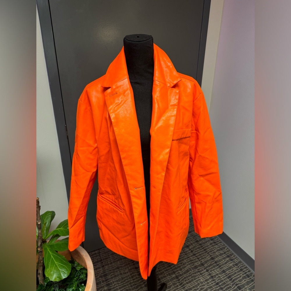 Orange Faux Leather Blazer Jacket